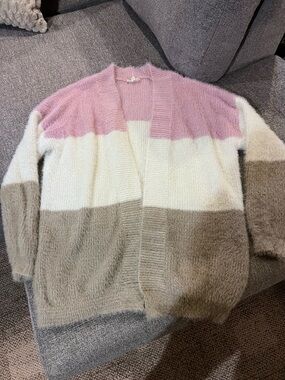 eesome Pink White Taupe Fuzzy Colorblock Open Cardigan